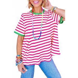 NEW SHEWIN contrast trim crew neck knit tee in rose stripe